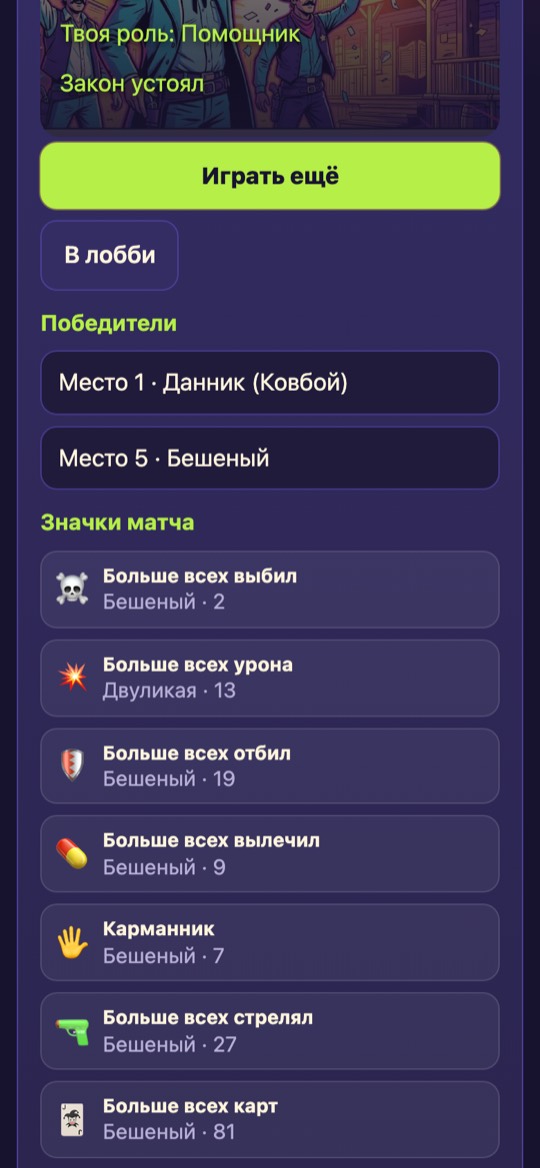 Итоги матча: победитель и роли всех игроков.